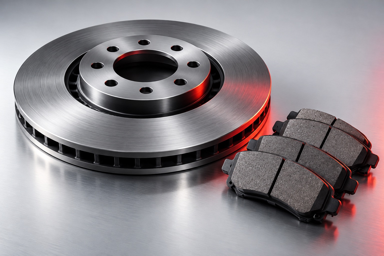 Illustrative studio study of an unbranded brake rotor and pads